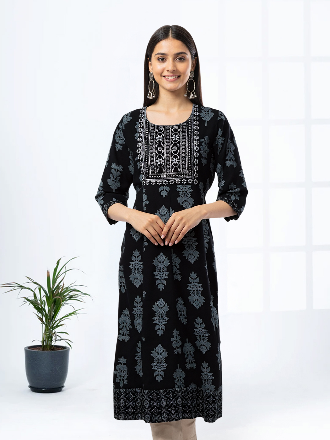 Picture of Floral Embroidery Round Neck Anarkali Kurta